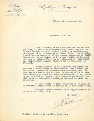 Courrier en provenance de la ville et de la préfecture de Rouen relatif au don pour la construction de maisons ouvrières, octobre-novembre 1921 