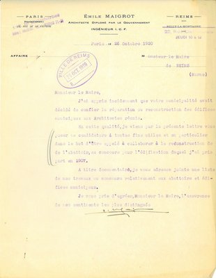 Courrier d’Émile Maigrot, de la Société des architectes de la Marne, relatif à leur compétence pour la reconstruction des bâtiments communaux, 26 octobre 1920 