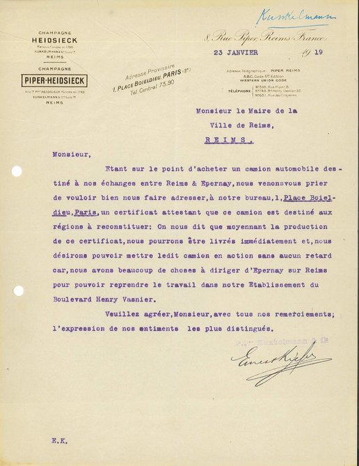 Lettre de la société champagne Heidsieck demandant au maire un certificat attestant que le camion souhaité est bien destiné aux régions à reconstituer, 23 janvier 1919 