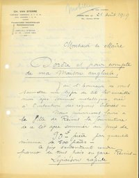 Proposition de Charles Van Sterre de vente de lits en fer émaillé pour équiper les régions libérées, 21 août 1919 
