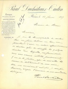 Lettre de Paul Duchâtaux-Oudin adressée au maire dans laquelle il demande son aide pour obtenir su charbon pour chauffer leur chambre, 29 janvier 1919 