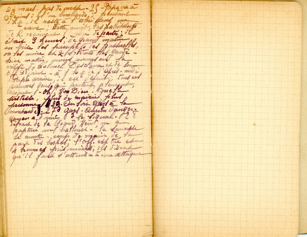 Extrait du carnet bleu de Renée Muller des 25 et 26 mars 1918 concernant le départ des Rémois constatés par son père en déplacement dans la cité 
