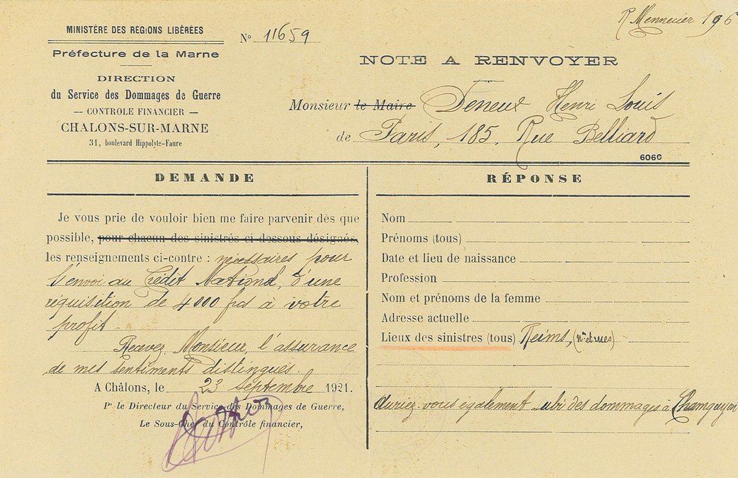 Billet de correspondance adressé à Henri Deneux par le service des dommages de guerre, 23 septembre 1921 