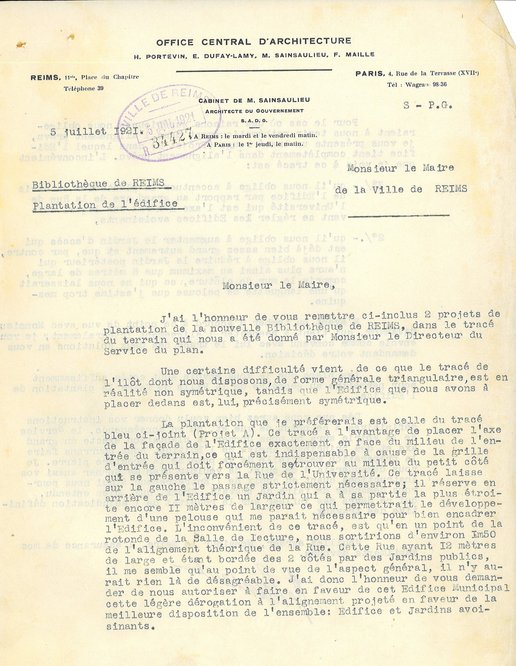 Courrier de l’architecte Max Sainsaulieu relatif aux difficultés causées par le plan d’alignement de la ville pour le tracé de la bibliothèque, 5 juillet 1921