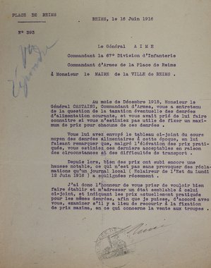 Lettre du commandant de la place de Reims au maire de Reims concernant le prix et la taxation des denrées, 16 juin 1916 