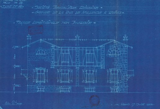 Façade longitudinale d’une maison de la cité-jardin de la rue de Mulhouse, Herbé et Deffaux, 17 juillet 1923 