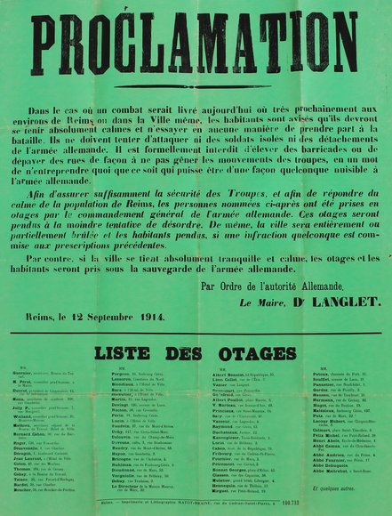 Proclamation du maire avec la liste des otages, 12 septembre 1914 