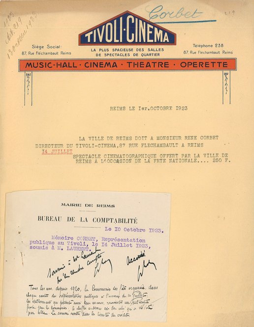 Facture pour un spectacle cinématographique lors de la fête nationale, 1er octobre 1923 