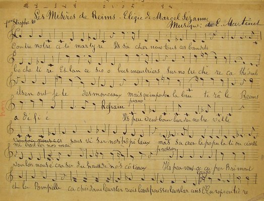 Poème lyrique « Les misères de Reims. Elégie à Marcel Sézanne, musique de E. Martinet », 2 décembre 1915 extrait du carnet d’Alfred Wolff 