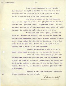 Lettre d’Henri Abelé demandant au maire s’il peut loger ses ouvriers viticoles le temps qu’il leur reconstruise un logement. Il y évoque également les sujets du ravitaillement en charbon et le déblaiement des rues, 17 octobre 1918 