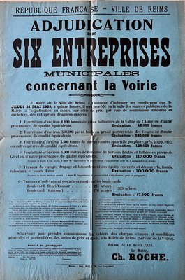 Affiche relative à l’adjudication de travaux de voirie à Reims, 18 avril 1923