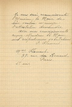 Lettre de madame Flamant demandant au maire de lui établir un certificat attestant son origine rémoise afin de pouvoir revenir dans la cité, 21 février 1919 