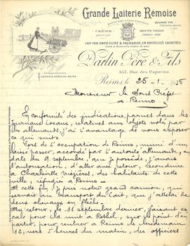 Courrier de M. Darlin de la Grande Laiterie Rémoise, employée au ravitaillement des Rémois, rappelant le vol de son matériel par l’occupant allemand, 25 janvier 1915