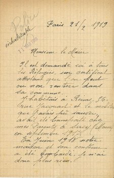 Lettre de madame Flamant demandant au maire de lui établir un certificat attestant son origine rémoise afin de pouvoir revenir dans la cité, 21 février 1919