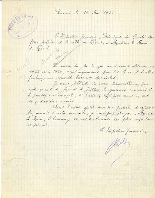 Courrier du Comité des fêtes scolaires de Reims relatif à l’organisation de la kermesse des écoles, 19 mai 1925