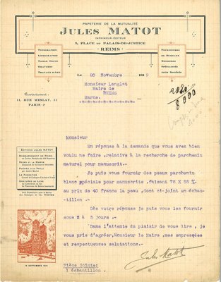 Vignette de la cathédrale en flamme sur un document de la papeterie rémoise Jules Matot