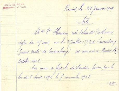 Note du commissaire de police concernant les origines luxembourgeoises du couple Hansen, restaurateurs rue du Tambour, partis de Reims en 1914 et souhaitant revenir, 29 janvier 1919 