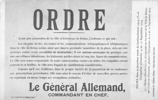 Reproduction de l’ordre allemand informant que les sabotages contre les voies de communication seront sanctionnés, 4-12 septembre 1914 