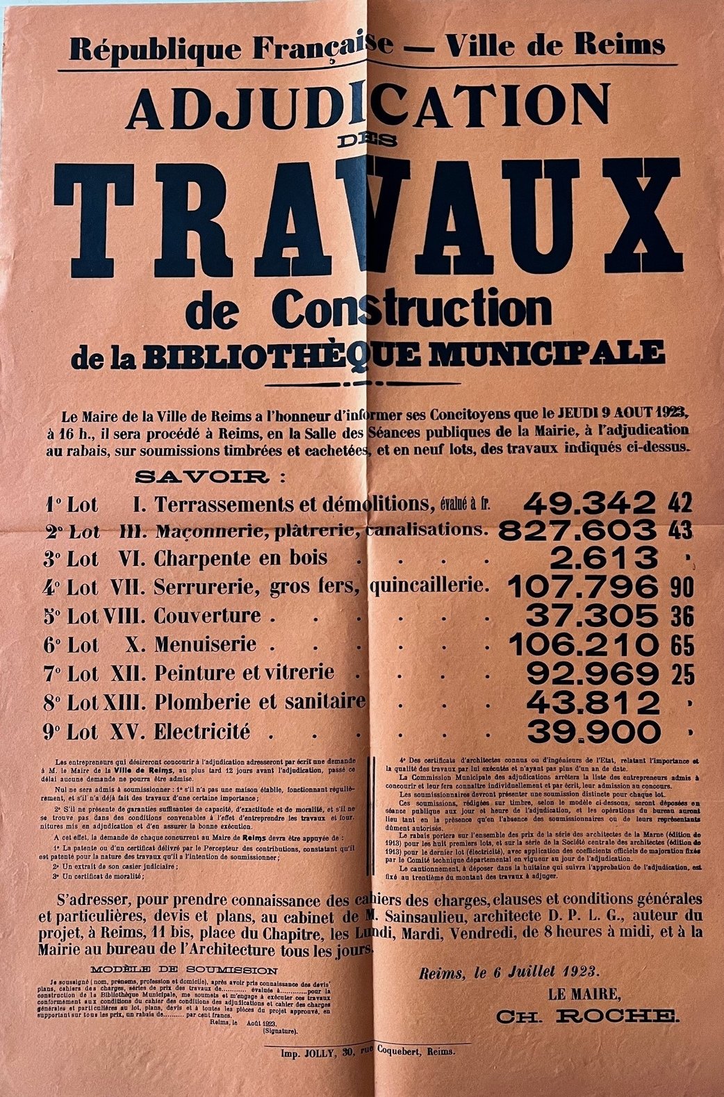 Affiche relative à l’adjudication des premiers travaux de construction de la bibliothèque, 6 juillet 1923