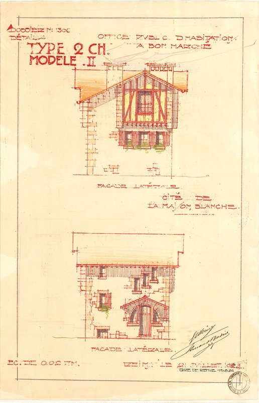 Façades sur rue, cour et latérales des maisons type 2 chambres modèle 2 de la cité-jardin de la Maison Blanche, Herbé et Deffaux, 21 juillet 1924 