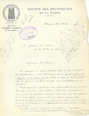 Courrier de la Société des architectes de la Marne relatif au règlement d’hygiène, 26 octobre 1920 