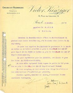 Lettre de la société Grains et Fourrages Victor Kinziger informant le maire de la possibilité d’expédition de luzerne et de paille de blé, 3 octobre 1919 