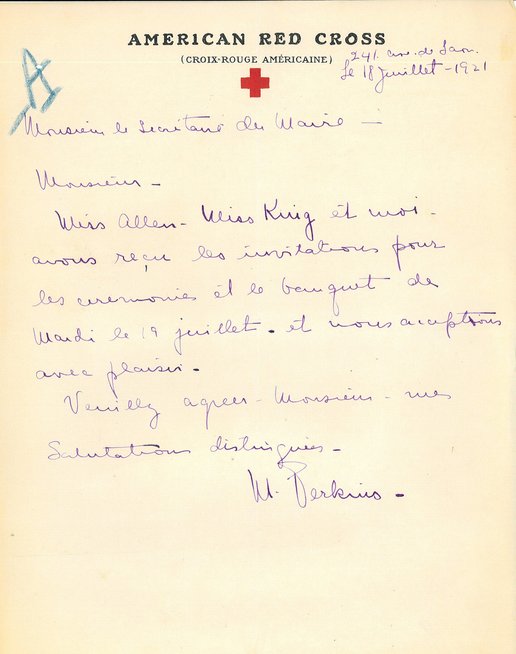 Courrier de Miss Perkins, de la Croix Rouge américaine, relatif à la pose de la première pierre de la bibliothèque, 18 juillet 1921 