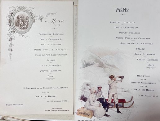 Deux menus pour la réception de la Mission canadienne, 28 juillet 1923 