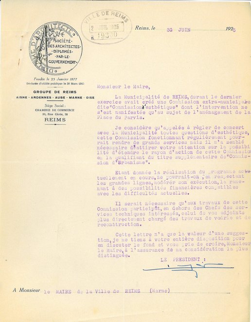   Courrier de la Société des architectes diplômés par le gouvernement (groupe de Reims) relatif à l’action de la Commission d’esthétique à Reims, 30 juin 1925 