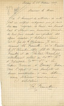 Lettre de Ch. Francotte demandant au maire de lui établir un certificat attestant son origine rémoise afin de pouvoir revenir dans la cité, 11 février 1919 