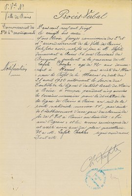 Procès-verbal de notification de police relatif à l’occupation de terrains pour une ligne de chemin de fer pendant la période de reconstruction, 26 mai 1920 