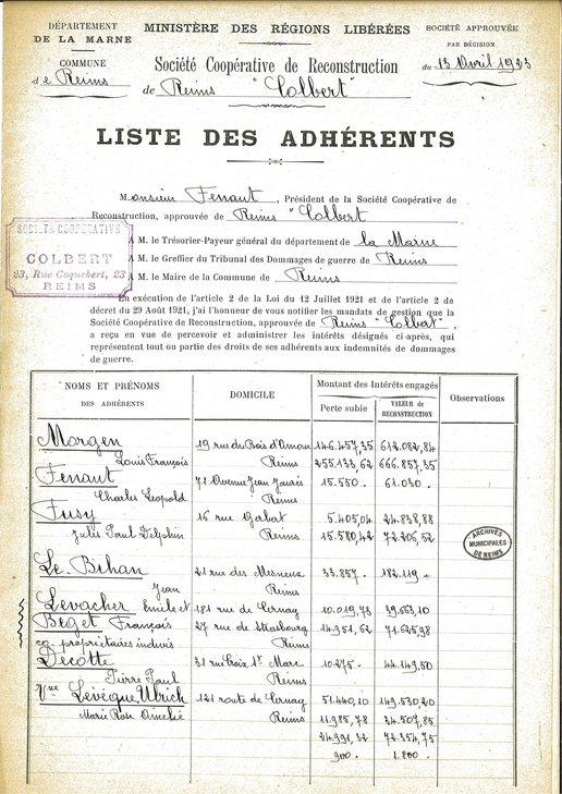 Liste d’adhérents à la société coopérative de reconstruction de Reims « Colbert », 1923 