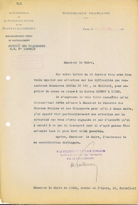 Lettre provenant du sous-secrétariat du ravitaillement informant le maire des difficultés rencontrées par la société Joucla et Cie de Bordeaux pour expédier du cacao en coque à la maison Mignot à Reims, 11 février 1919 