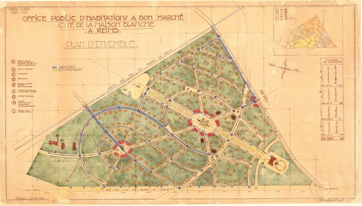 Plan d’ensemble aquarellé de la cité-jardin de la Maison Blanche, Herbé et Deffaux, 12 juillet 1924
