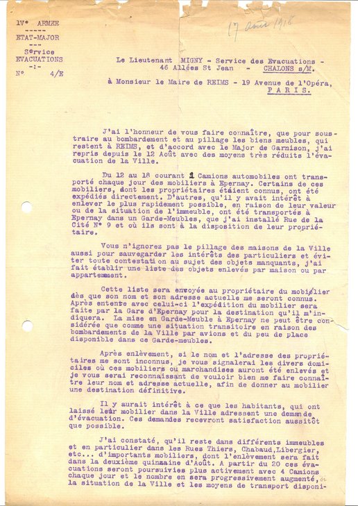 Lettre du service des évacuations au maire de Reims concernant les modalités de l’évacuation des biens meubles restants à Reims, 17 août 1918