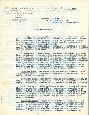 Lettre de la société des Pêcheurs réunis annonçant au maire les modalités de livraison de poisson pour le ravitaillement de la population, 6 mars 1919 