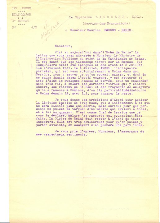 Lettre du capitaine Linzeler à Maurice Barrès relative à l’action de Louis-Raoul Ancel, sans date