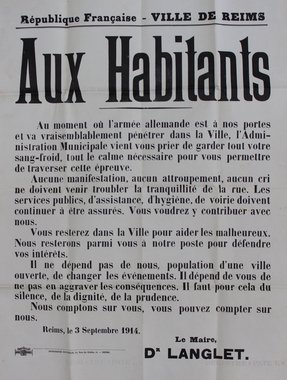 Affiche appelant les habitants au calme à l’annonce de l’invasion allemande de la ville, 3 septembre 1914 