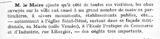 Allocution d’introduction de la séance du Conseil municipal du 7 septembre 1914 sur l’arrivée des Allemands et destruction de l’église Saint-Remi, de la salle Vasnier du  Musée du 7 septembre 1914 