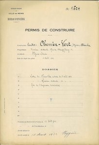 Couverture du permis de construire n°1604, notifié le 24 août 1922 à Léon Detourbe, pour la construction d’un baraquement au lieu-dit Chemin vert 