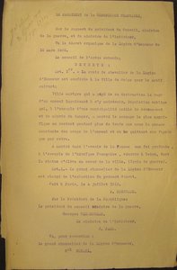 Décret conférent la croix de chevalier de la Légion d’honneur à la Ville de Reims, 4 juillet 1919 