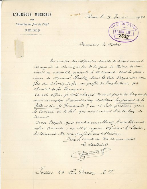 Courrier de l’Auréole musicale relatif à l’organisation d’une fête des chemins de fer, 19 janvier 1925