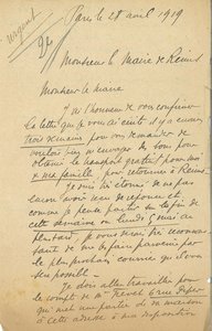 Lettre de Louis Cagniart concernant sa demande de prise en charge de sa famille vers Reims, 28 avril 1919 