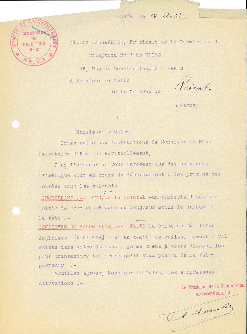 Lettre d’Albert Halbardier, président de la Commission de réception n°2 de Reims annonçant au maire la livraison de salaisons d’Amérique, 14 avril 1919