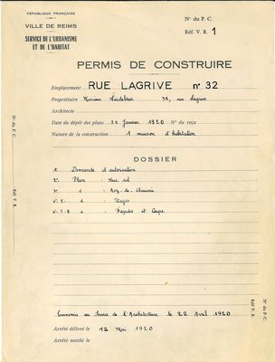 Premier permis de construire de la reconstruction : couverture du dossier, demande de Monsieur Laidebeur et plan de façade de la construction projetée, 25 janvier 1920 