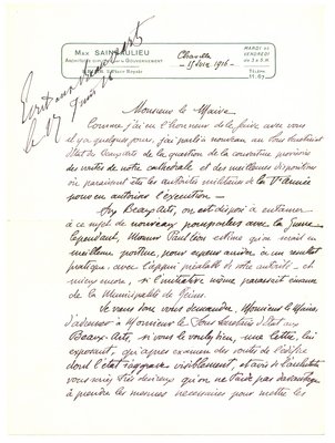 Lettre de Max Sainsaulieu au maire concernant la nécessité de construire une couverture provisoire sur la cathédrale, 15 juin 1916 