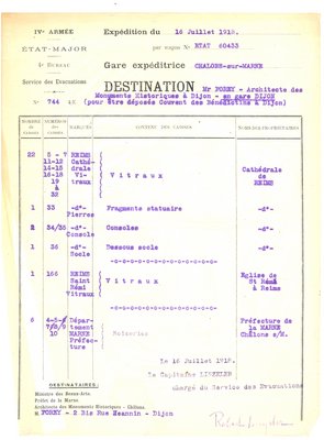 Expédition des vitraux de la cathédrale et de l’église Saint-Remi vers la gare de Dijon, 16 juillet 1918