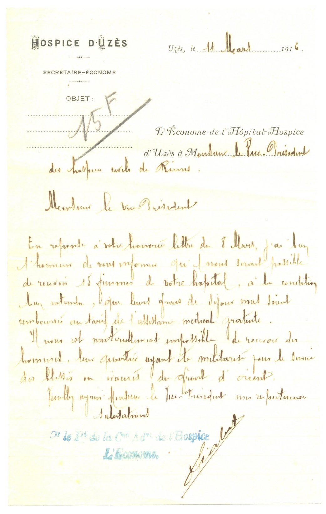 Proposition d’accueil de 15 femmes par les Hospices d’Uzès, 11 mars 1916 