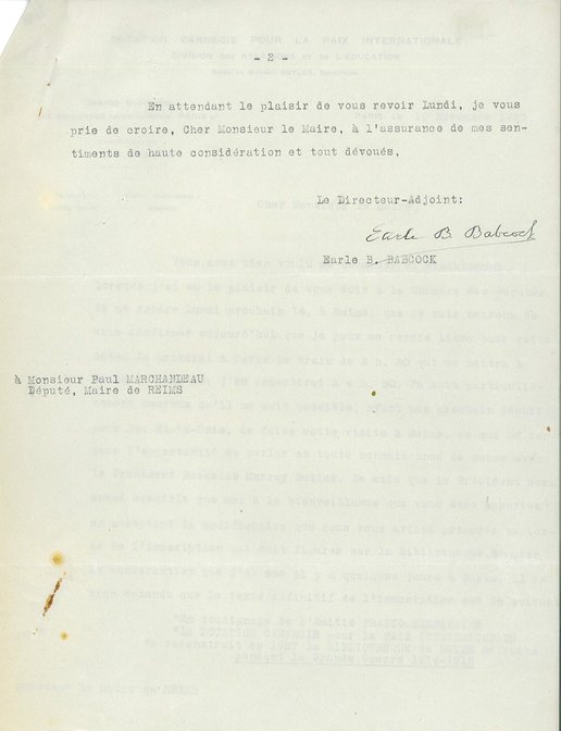 Courrier de la Dotation Carnegie relatif à son aide pour la reconstruction de la bibliothèque, 10 novembre 1927 
