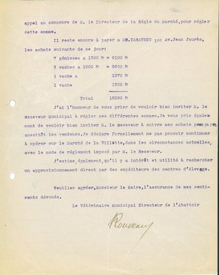 Lettre de monsieur Rousseau, vétérinaire municipal et directeur de l’abattoir informant le maire de ses difficultés à acheter des bestiaux au marché de La Villette pour le compte de la municipalité, 17 février 1919